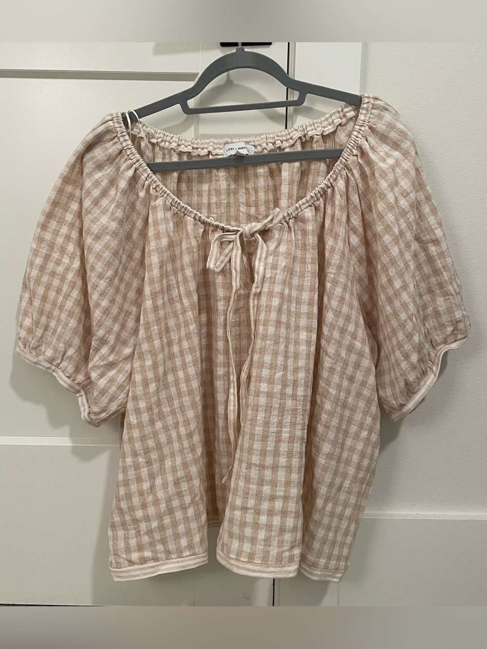 Linen-blend Beige and White Gingham Peasant Blouse with Tie Neck